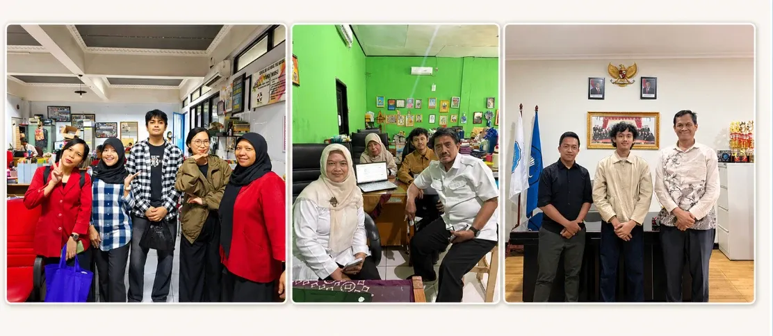 Three photos of the Pikira team with teachers and school leaders in their offices.